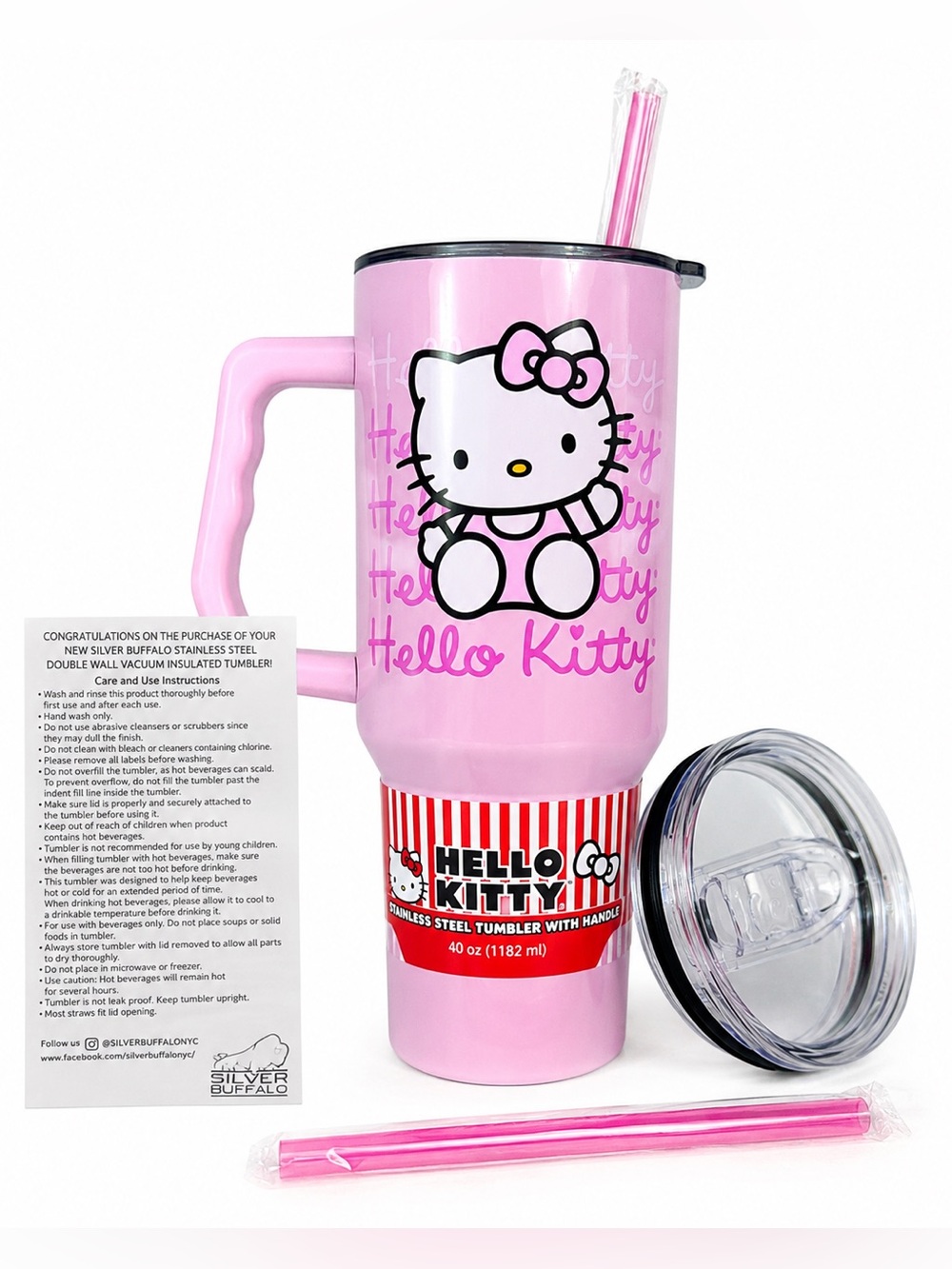 Hello Kitty 40oz Pink Stainless Steel Insulated Tumbler Handle Straw New